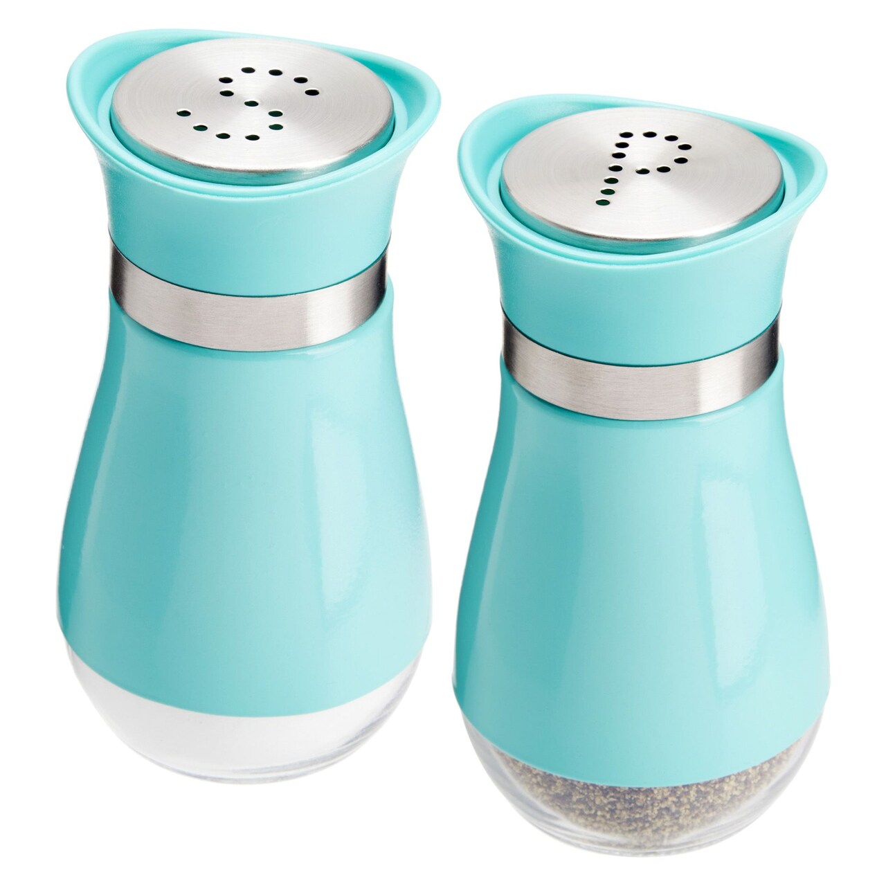 Stainless Steel Turquoise Salt and Pepper Shakers with Transparent Glass Bottoms and Perforated "S" and "P" Screw-Off Caps (4oz)